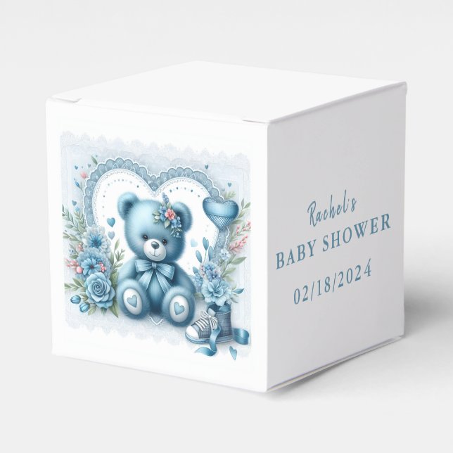 Blue Teddy Bear Lace und Blume 1 - Babydusche Geschenkschachtel (Vorderseite)