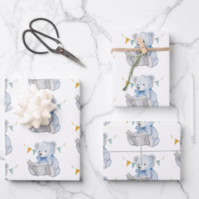 Blue Teddy Bear liest ein Buch Baby Shower Geschenkpapier Set (Vorderseite)