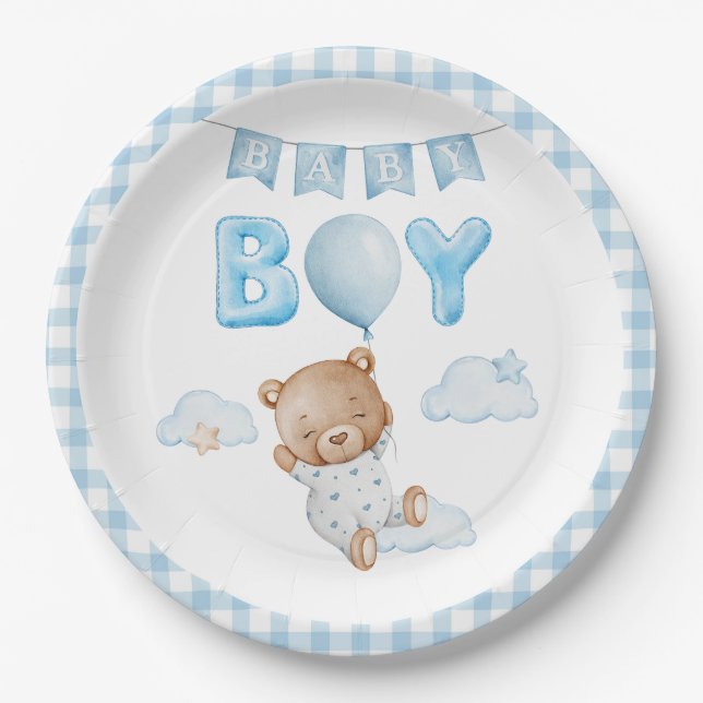 Blue Teddy Bear mit Balloon Baby Dusche Pappteller (Vorderseite)