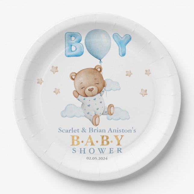 Blue Teddy Bear mit Balloon Baby Dusche Pappteller (Vorderseite)