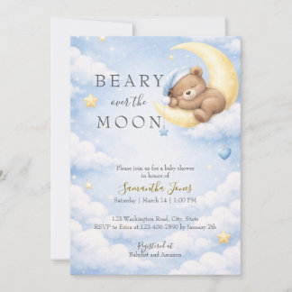 Blue Teddy Bear Moon Baby Shower Invitation Einladung