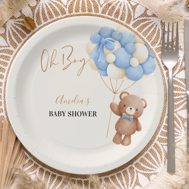 Blue Teddy Bear Oh Boy Balloon Baby Dusche Pappteller (Von Creator hochgeladen)