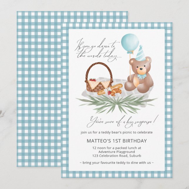 Blue Teddy Bear Picnic Erster Geburtstag Balloons Einladung (Vorne/Hinten)