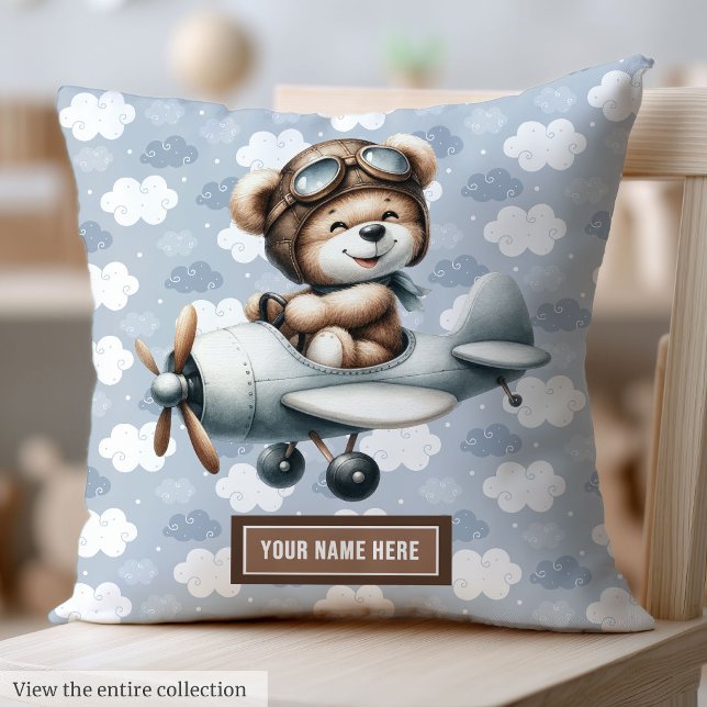 Blue Teddy Bear Pilot Baby Boy Kissen Individuelle (Blue Teddy Bear Pilot Baby Boy Pillow Custom Name)