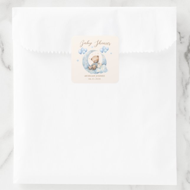 Blue Teddy Bear Stars Baby Dusche Quadratischer Aufkleber (Tasche)