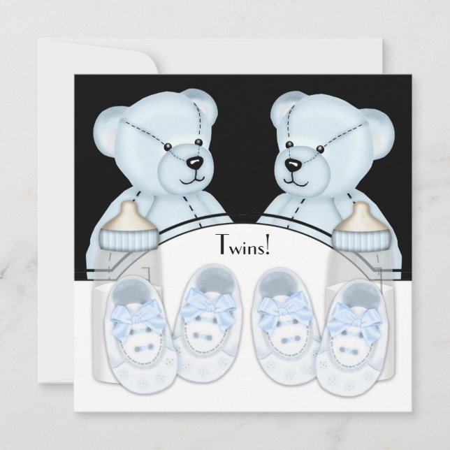 Blue Teddy Bear Twin Boys Baby Shower Einladungen (Vorderseite)