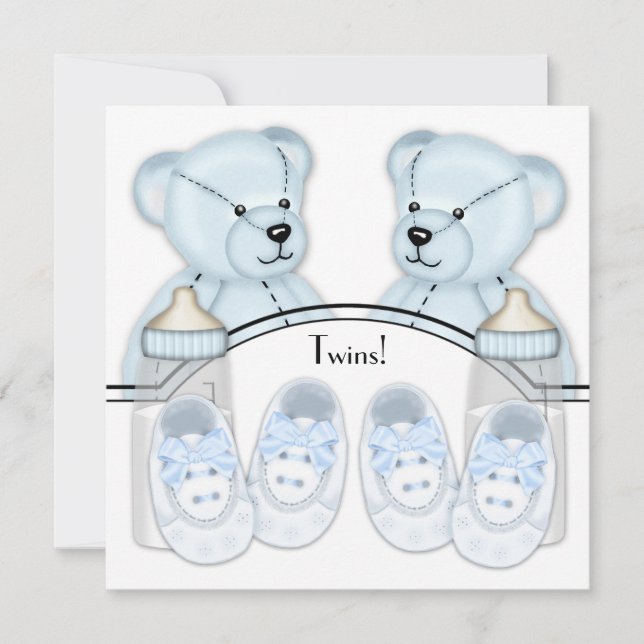 Blue Teddy Bear Twin Boys Baby Shower Einladungen (Vorderseite)