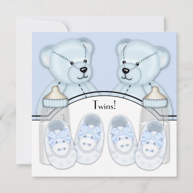 Blue Teddy Bear Twin Boys Baby Shower Invitations (Devant)