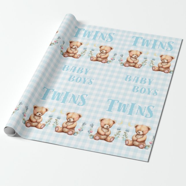 Blue Teddy Bear Twins Typografie Baby Shower Geschenkpapier (Ungerollt)