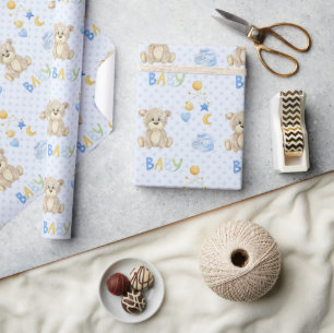 Blue Teddy Bear Watercolor Babydusche Geschenkpapier