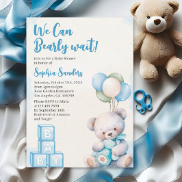 Blue Teddy Bear "We Can Bearly Wait" Baby Shower Einladung