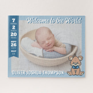 Blue Teddy Bear Welcome to the World Baby Boy