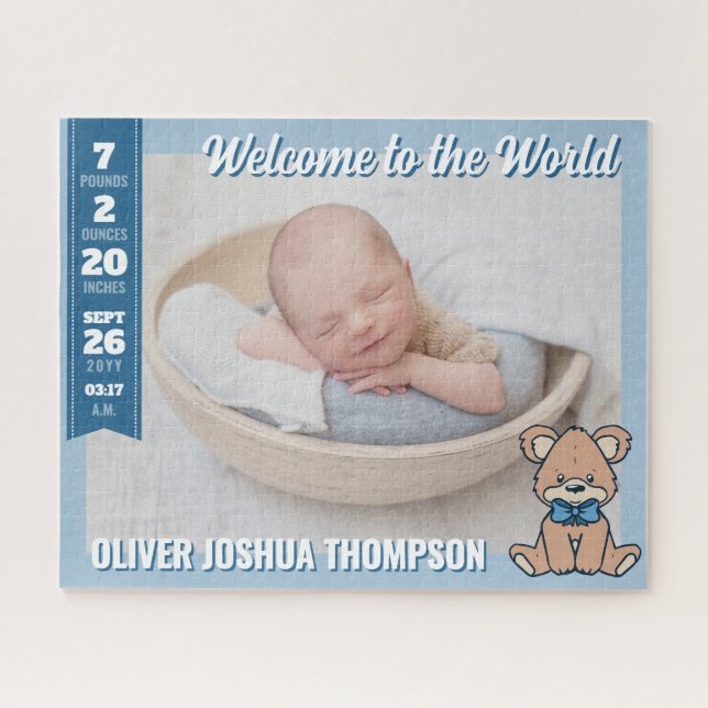 Blue Teddy Bear Welcome to the World Baby Boy (Horizontal)