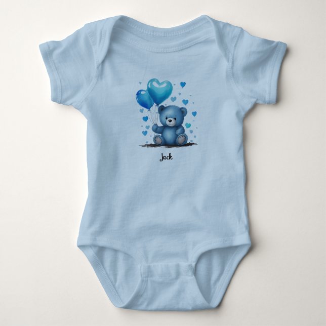 Blue Teddy Heart Balloons Personalisieren Baby Nam Baby Strampler (Vorderseite)