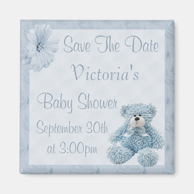 Blue Teddy Save the Date Boy Baby Dusche Magnet (Vorne)