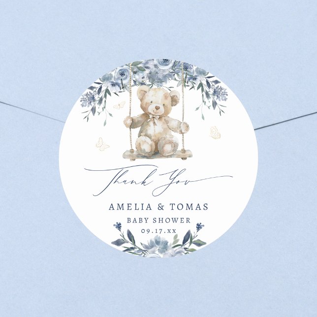 Blue Teddy Swing Baby Dusche Danke Runder Aufkleber (Von Creator hochgeladen)