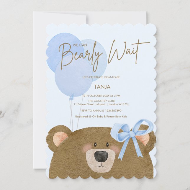 Blue Teddy wir können frühzeitig abwarten Baby Dus Einladung (Vorderseite)
