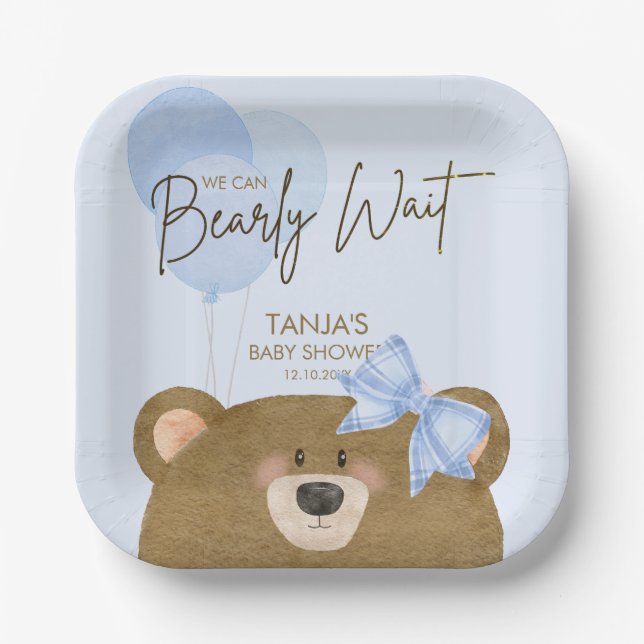 Blue Teddy wir können frühzeitig abwarten Baby Dus Pappteller (Vorderseite)