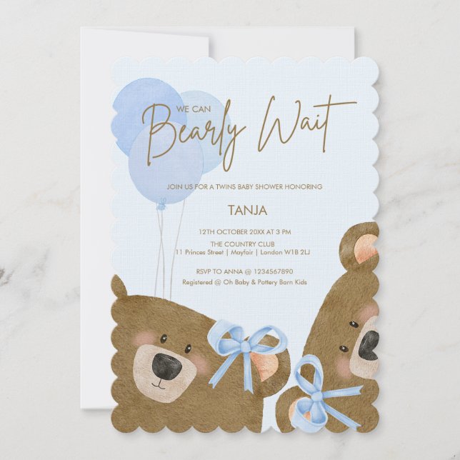 Blue Teddy wir können frühzeitig abwarten Twins Ba Einladung (Vorderseite)