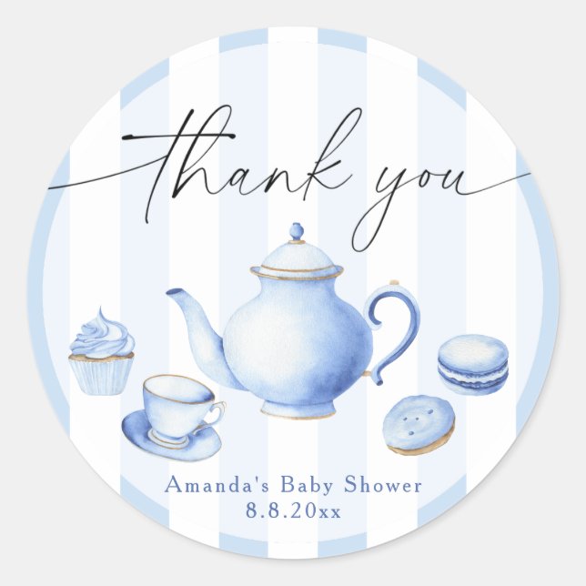 Blue Tee Party Baby Dusche Danke Runder Aufkleber (Vorderseite)