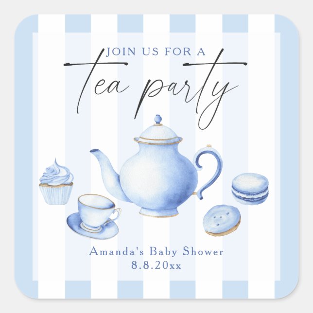 Blue Tee Party Baby Dusche Quadratischer Aufkleber (Vorderseite)
