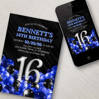 Blue Teen Boy 16. Geburtstag Einladung