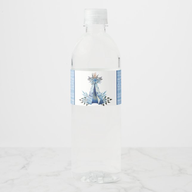 Blue Teepee Tribal Boho Wasser Flaschen Labels (Vorderseite)