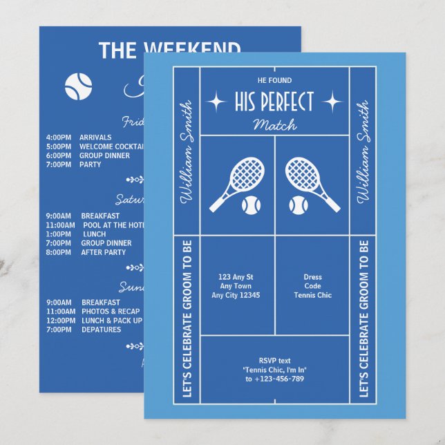 Blue Tennis Bachelor Party Invitation Einladung (Vorne/Hinten)