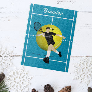 Blue Tennis Court Ball & Player Illustration Name