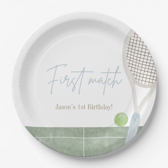 Blue Tennis First Birthday Boy Preppy Classic  Pappteller (Vorderseite)