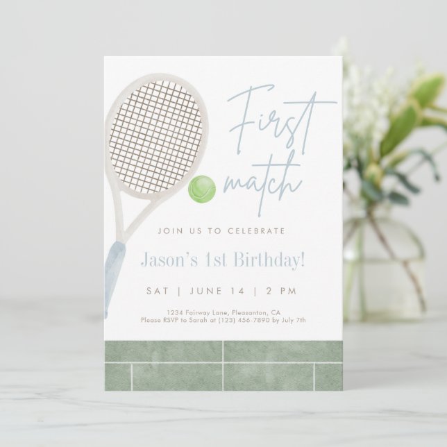 Blue Tennis First Birthday Party Invitation Dankeskarte (Stehend Vorderseite)