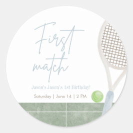 Blue Tennis First Birthday Preppy Boy Party Round Runder Aufkleber