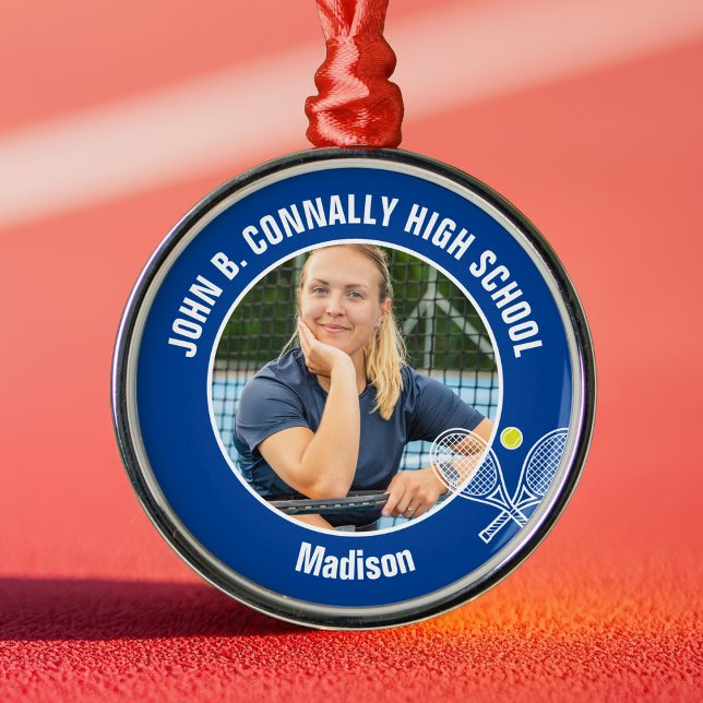 Blue Tennis Player Photo Christmas Gift Ornament Aus Metall (Von Creator hochgeladen)