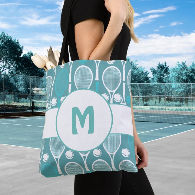 Blue Tennis Racket Muster Monogram Tote Bag Tasche (Von Creator hochgeladen)
