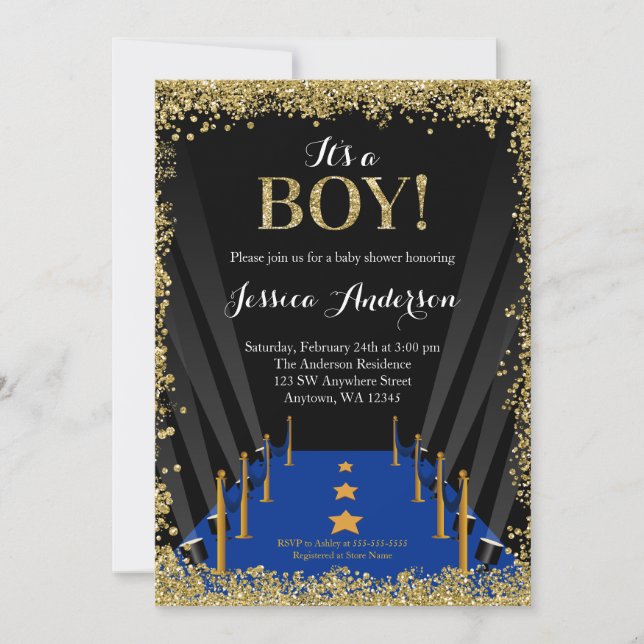 Blue Teppich Hollywood Imitats Glitzer Boy Baby Du Einladung (Vorderseite)