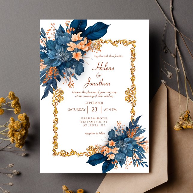 Blue Terracotta Classic Hochzeit Einladung (Navy Blue Terracotta Classic Elegant Wedding Invitation)