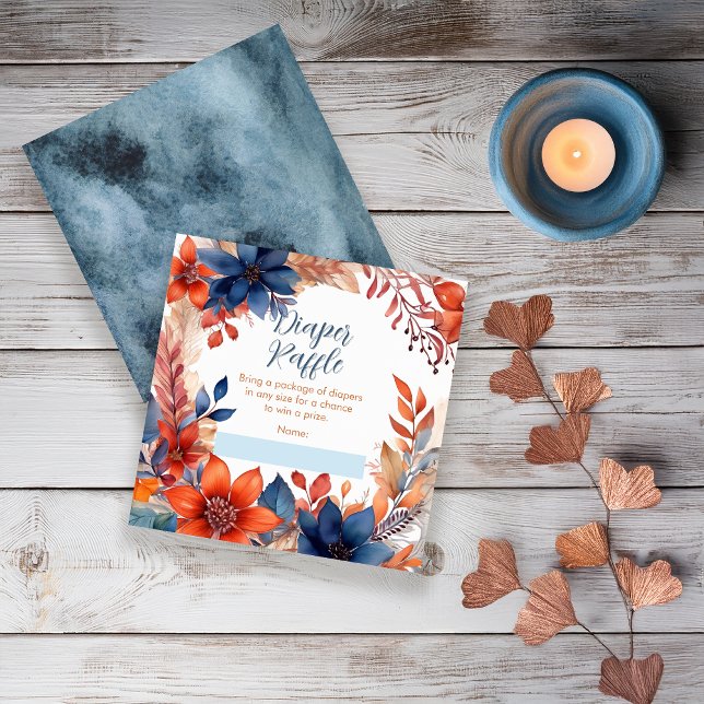 Blue Terracotta Fall Babydusche Windelwanne Begleitkarte (Boho Blue and Terracotta Fall |  Autumn Floral "Oh Boy!" Baby Shower Diaper Raffle Insert Card)