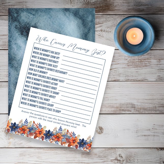 Blue Terracotta Floral Baby Dusche, die Mama kennt (Boho Blue and Terracotta Fall |  Autumn Floral Boy Baby Shower "Who Knows Mommy Best" Game)