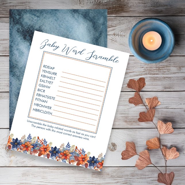 Blue Terracotta Floral Baby Dusche Word Scramble (Boho Blue and Terracotta Fall |  Autumn Floral  Baby Shower "Baby Word Scramble" Game)