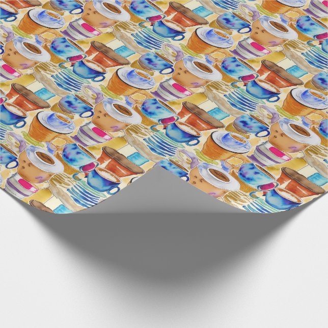 Blue Terracotta Kaffee Caffes Abstrakte Wasserfarb Geschenkpapier (Ecke)