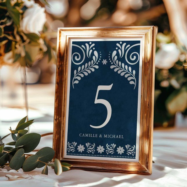 Blue Terracotta Mexican Wedding Tischnummer (Blue Papel Picado Mexican Table Number Card)