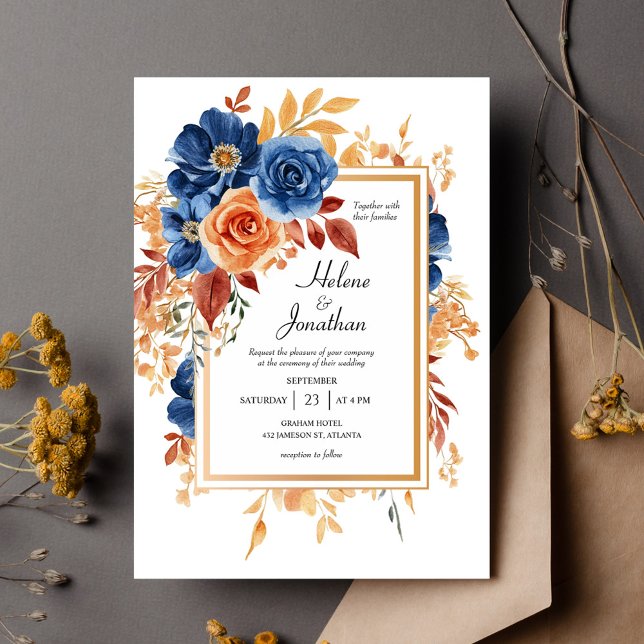 Blue Terracotta Rust Garden Elegante Hochzeit Einladung (Navy Blue Terracotta Rust Garden Elegant Wedding Invitation)
