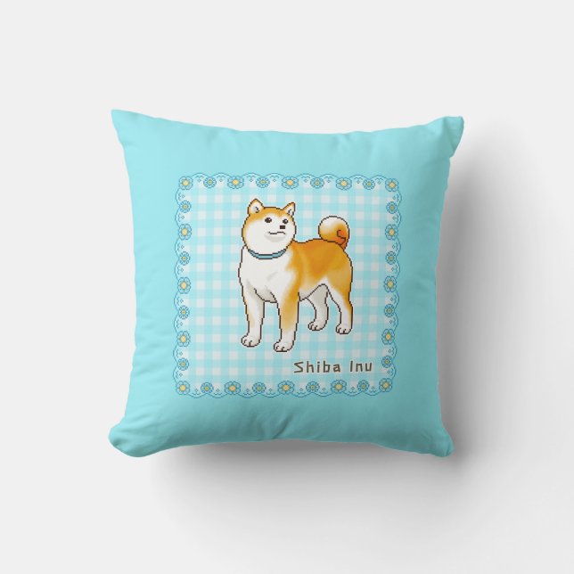 Blue Themed Shiba Inu Pixel Art Kissen (Vorderseite)