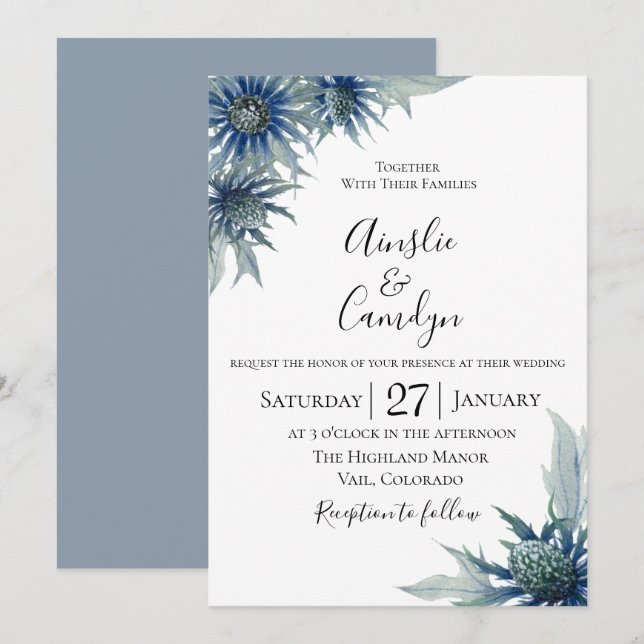 Blue Thistle Botanical Wedding Einladung (Vorne/Hinten)