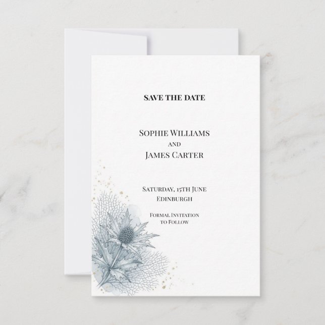 Blue Thistle Botanische Hochzeit Save the Date (Vorderseite)