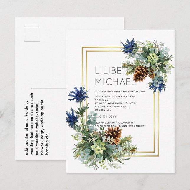 Blue Thistle Eucalyptus Wedding Wonderland Postkarte (Vorne/Hinten)