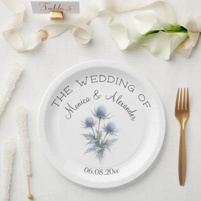 Blue Thistle Floral Scottish Watercolor Wedding  Pappteller (Hochzeit)