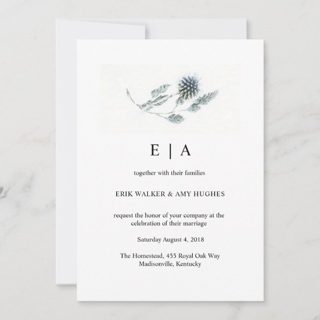 Blue Thistle Floral Watercolor Wedding Einladung (Vorderseite)