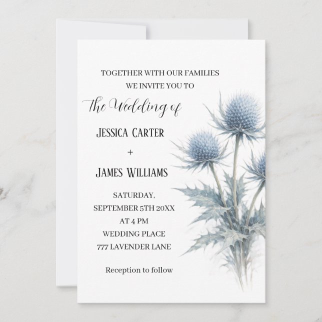 Blue Thistle Scottish Scotland Simple Wedding Einladung (Vorderseite)