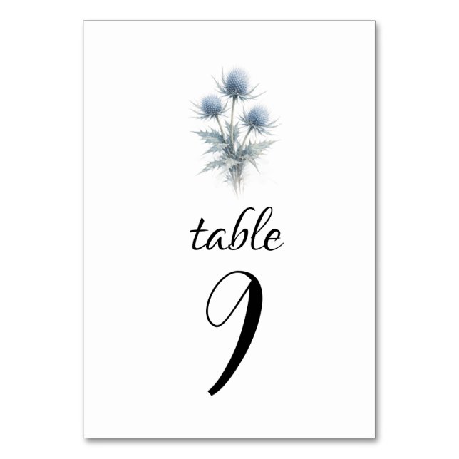 Blue Thistle Scottish Simple Floral Wedding Tischnummer (Vorderseite)